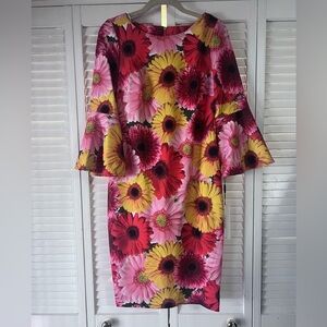 Calvin Klein Floral Knee Length Bell 3/4 Sleeve Dress - Red, Pink, Yellow